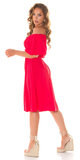 Midi šaty s odhalenými ramenami Červená