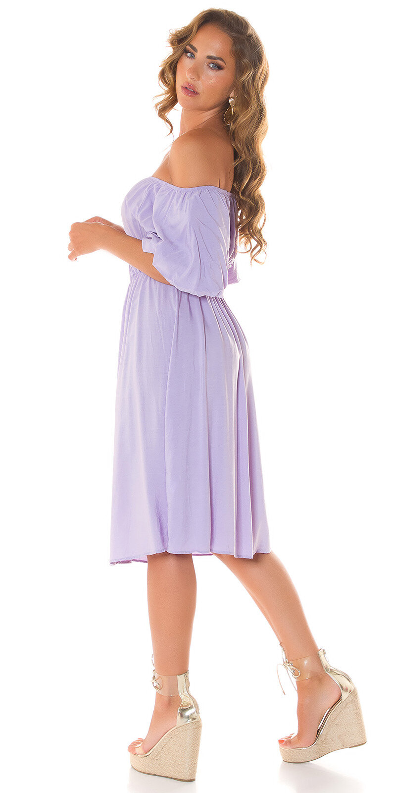 Midi šaty s odhalenými ramenami Lilac