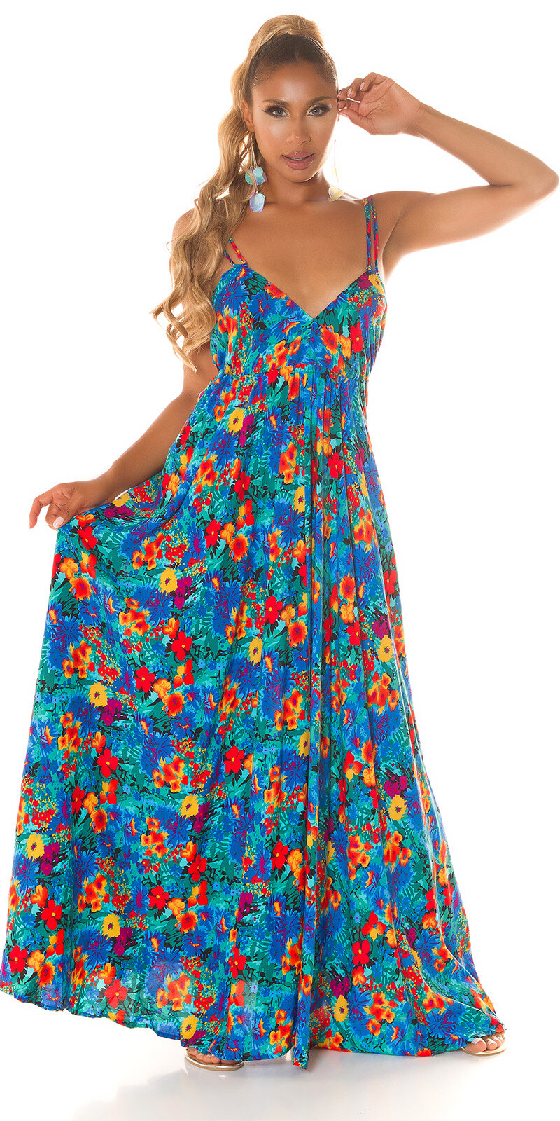 Kvetinové dlhé šaty s holým chrbtom Modrá