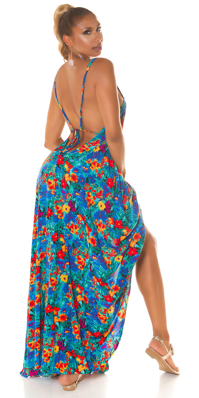 Kvetinové dlhé šaty s holým chrbtom Modrá