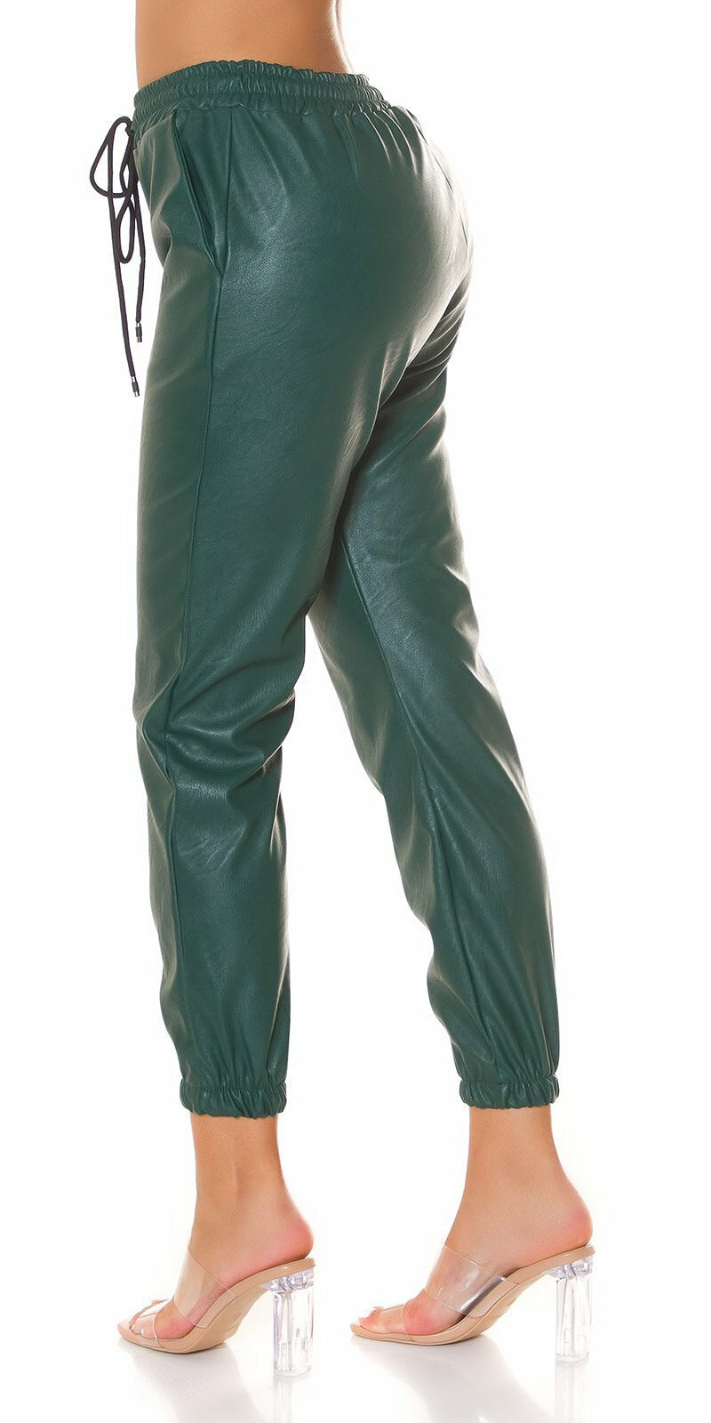 Koženkové nohavice na zaväzovanie v páse Zelená