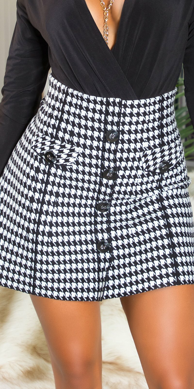 Vysoká mini sukňa Houndstooth s gombíkmi Čierna