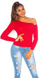 Dámsky vrúbkovaný sveter s odhaleným ramenom Červená