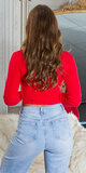 Krátky vrúbkovaný sveter so zipsom Červená