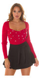 Úpletový sveter s lesklými aplikáciami Červená