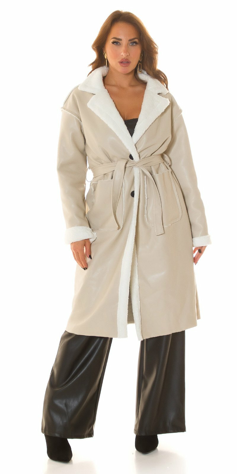 Zimný koženkový kabát s umelou kožušinou Béžová