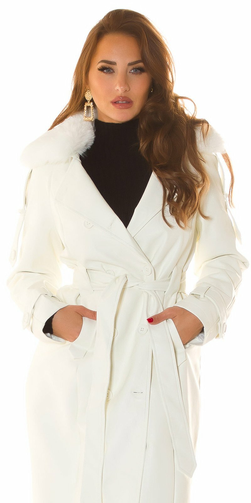 Koženkový zimný kabát v štýle trenčkotu Biela