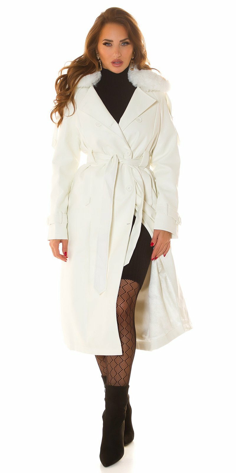 Koženkový zimný kabát v štýle trenčkotu Biela
