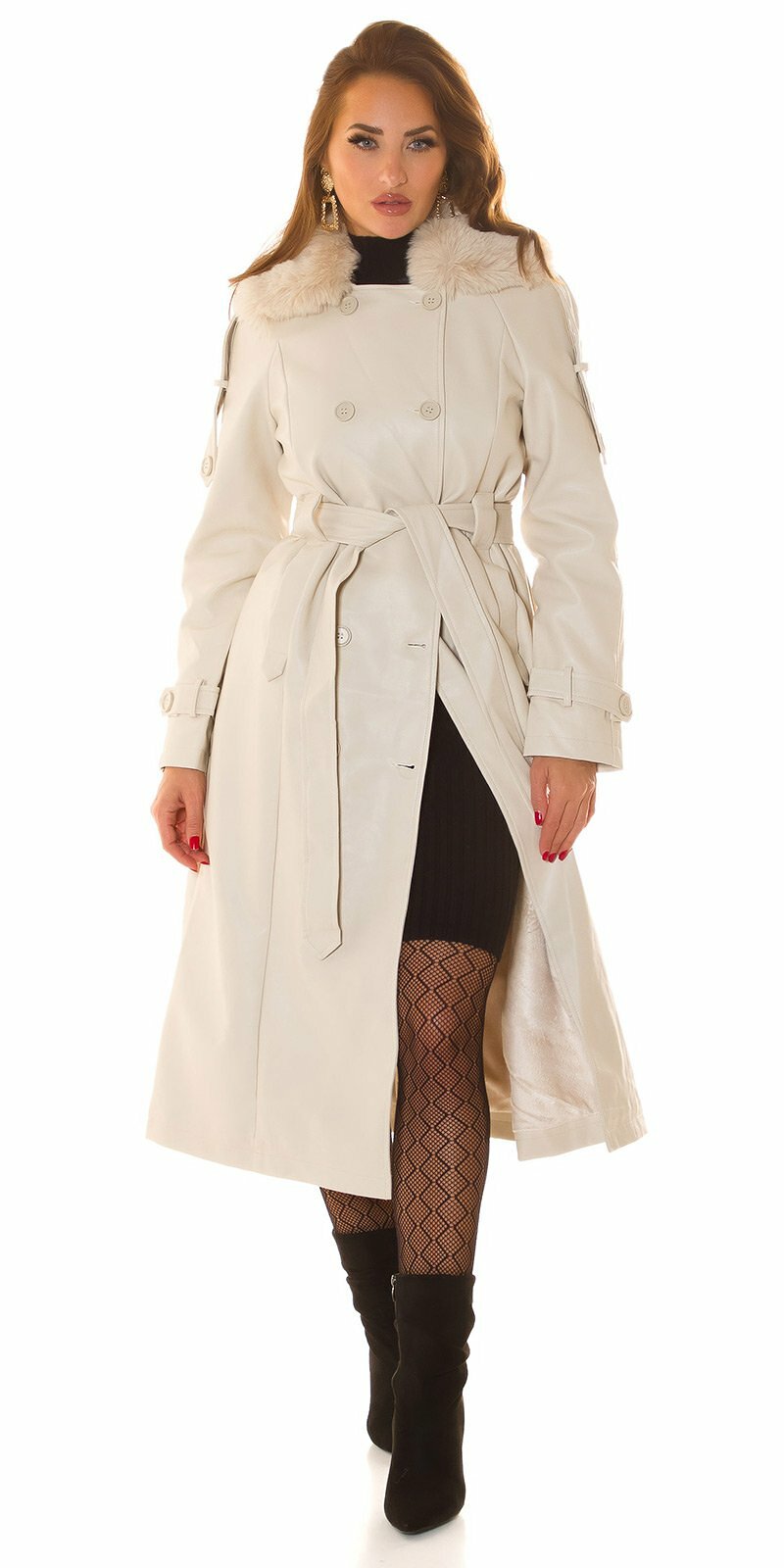 Koženkový zimný kabát v štýle trenčkotu Béžová
