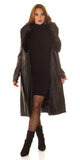 Zimný koženkový dlhý kabát s umelou kožušinou Čierna