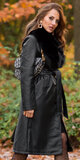 Zimný koženkový dlhý kabát s umelou kožušinou Čierna