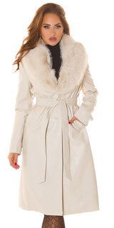 Zimný koženkový dlhý kabát s umelou kožušinou