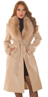Zimný koženkový dlhý kabát s umelou kožušinou