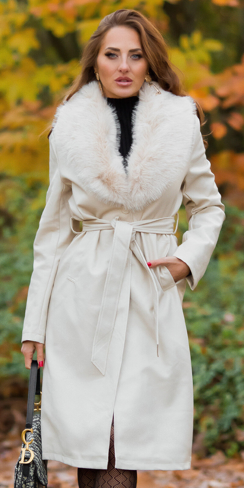 Zimný koženkový dlhý kabát s umelou kožušinou Béžová