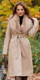Zimný koženkový dlhý kabát s umelou kožušinou Cappuccino