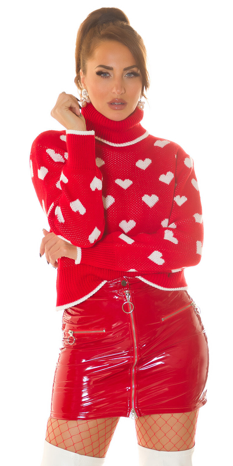 Rolákový pletený sveter so srdiečkami Červená