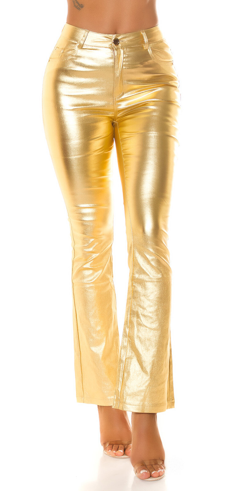 Koženkové zlaté nohavice rozšírené pri členkoch Zlatá