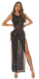 Transparentné dlhé lesklé šaty Čierna