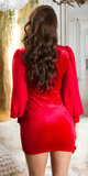 Krátke velvet šaty s priehľadnými rukávmi Červená