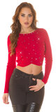 Viskózový krátky sveter s farebnými kamienkami Červená