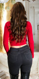 Viskózový krátky sveter s farebnými kamienkami Červená