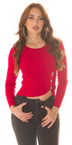 Vrúbkovaný crop pletený sveter s aplikáciami Červená
