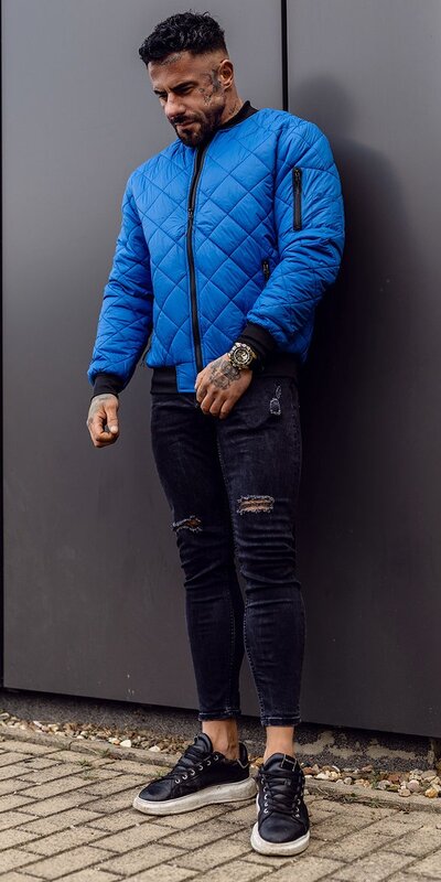 Modrá prechodná pánska prešívaná bomber bunda Modrá