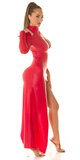 Otvorené dlhé erotické koženkové šaty Červená