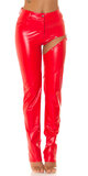 Vysoké koženkové nohavice s prestrihom Červená