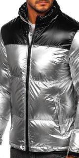 Metalická prešívaná zimná bunda pánska Strieborná
