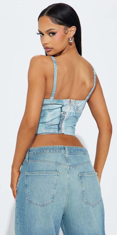 Modrý denim top s potlačou Modrá