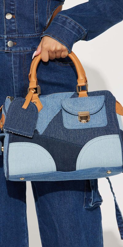 Džínsová satchelová kabelka s vrchným držadlom Modrá