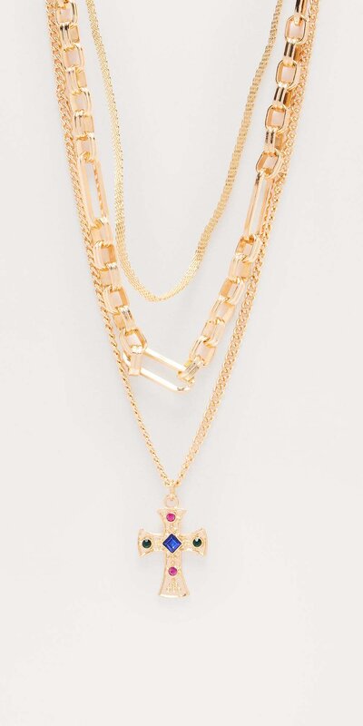 Viacvrstvový náhrdelník s krížikom a trblietavými detailmi Zlatá