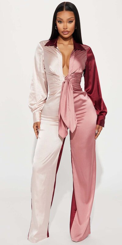Saténový overal s viazaním vpredu Ružová