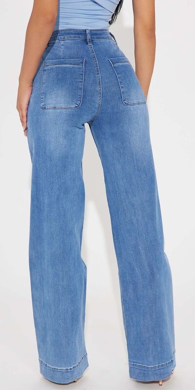 Modré rifle s vysokým pásom a širokými nohavicami Modrá