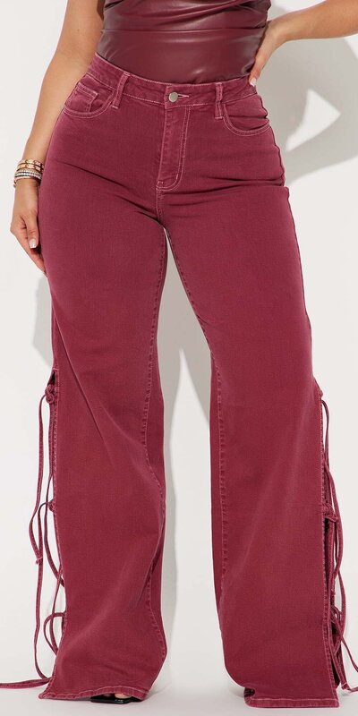 Bordové široké džínsy s viazaním na bokoch Bordová