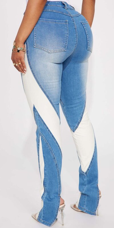 Džínsy s koženkovým kontrastom a rozparkom Modrá