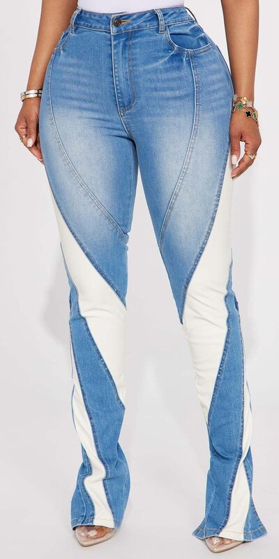 Džínsy s koženkovým kontrastom a rozparkom Modrá