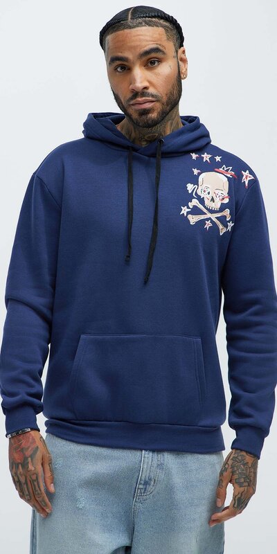 Modrá pánska mikina s kapucňou a potlačou Modrá