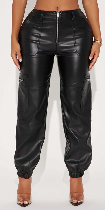 Dámske jogger nohavice z umelej kože s vysokým pásom Čierna