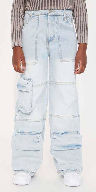 Detské rifle z pružného denimu s cargo vreckami Modrá