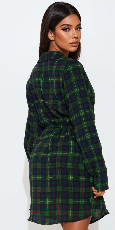 Kárované mini košeľové šaty s opaskom