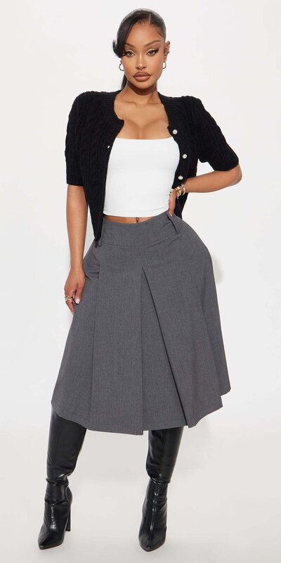 Sivá plisovaná midi sukňa s vysokým pásom Šedá