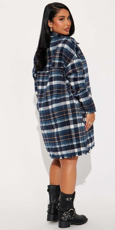 Károvaná košeľová bunda v oversized štýle Modrá