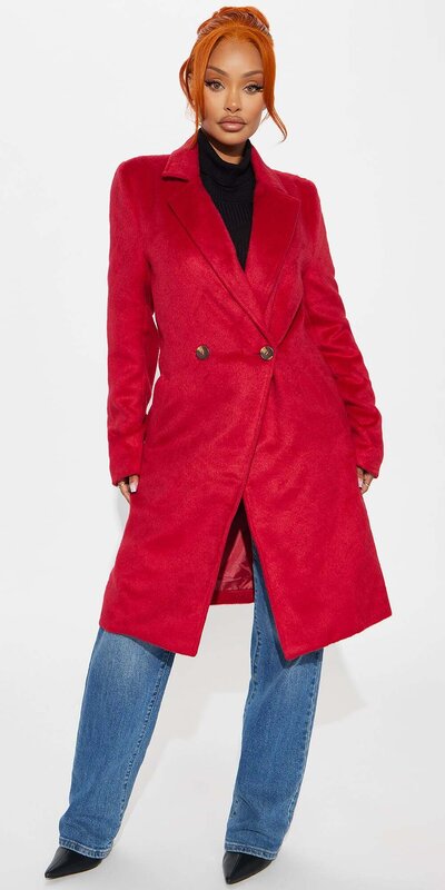 Elegantný kabát s klopovým golierom v sýtočervenej Červená