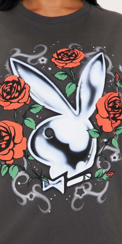 Playboy Oversized tričko s ružami a logom zajaca Čierna