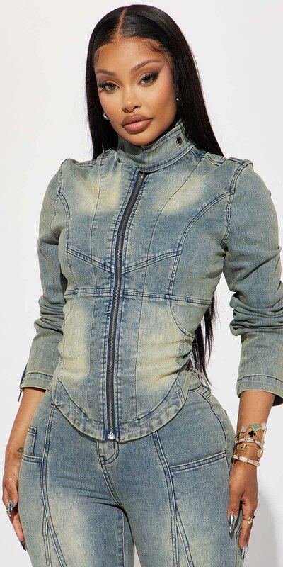 Dámska denim bunda na zips so stojacím golierom Modrá