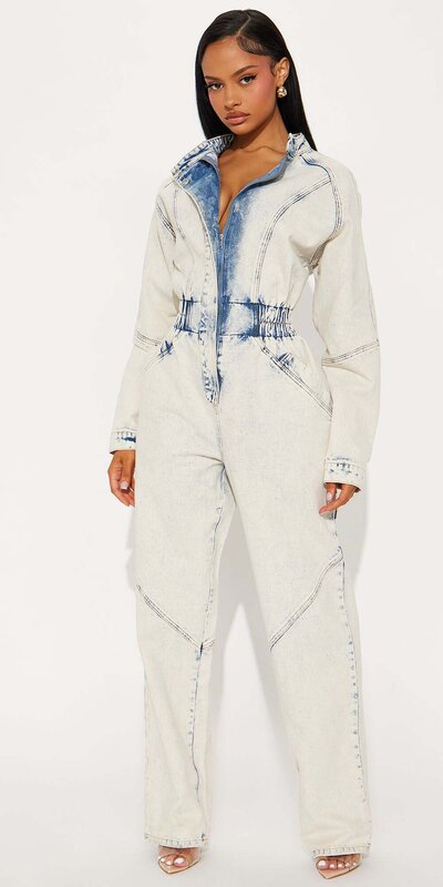 Dámsky rifľový overal na zips so stojačikom v svetlomodrej farbe Modrá