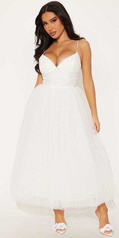 Biele tylové midi šaty s ramienkami a mašľou Biela