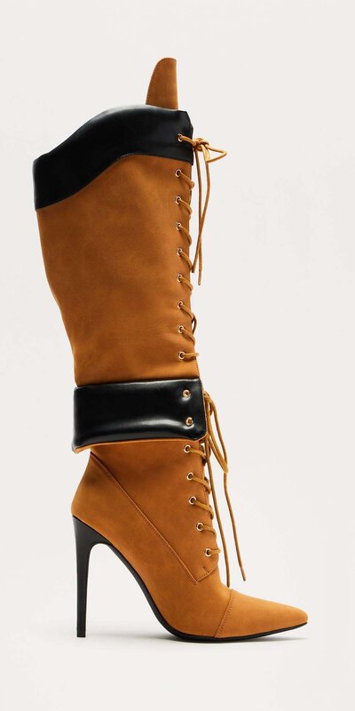 Hnedé dámske šnurovacie čižmy po kolená s vysokým podpätkom Hnedá